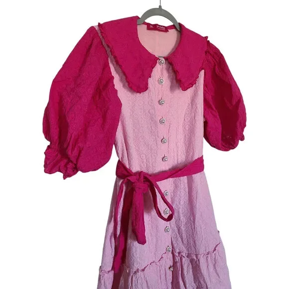 Julyliebe Embroidered Multicolor Pink Puff Sleeve Mini Dress Size Medium - Picture 3 of 7